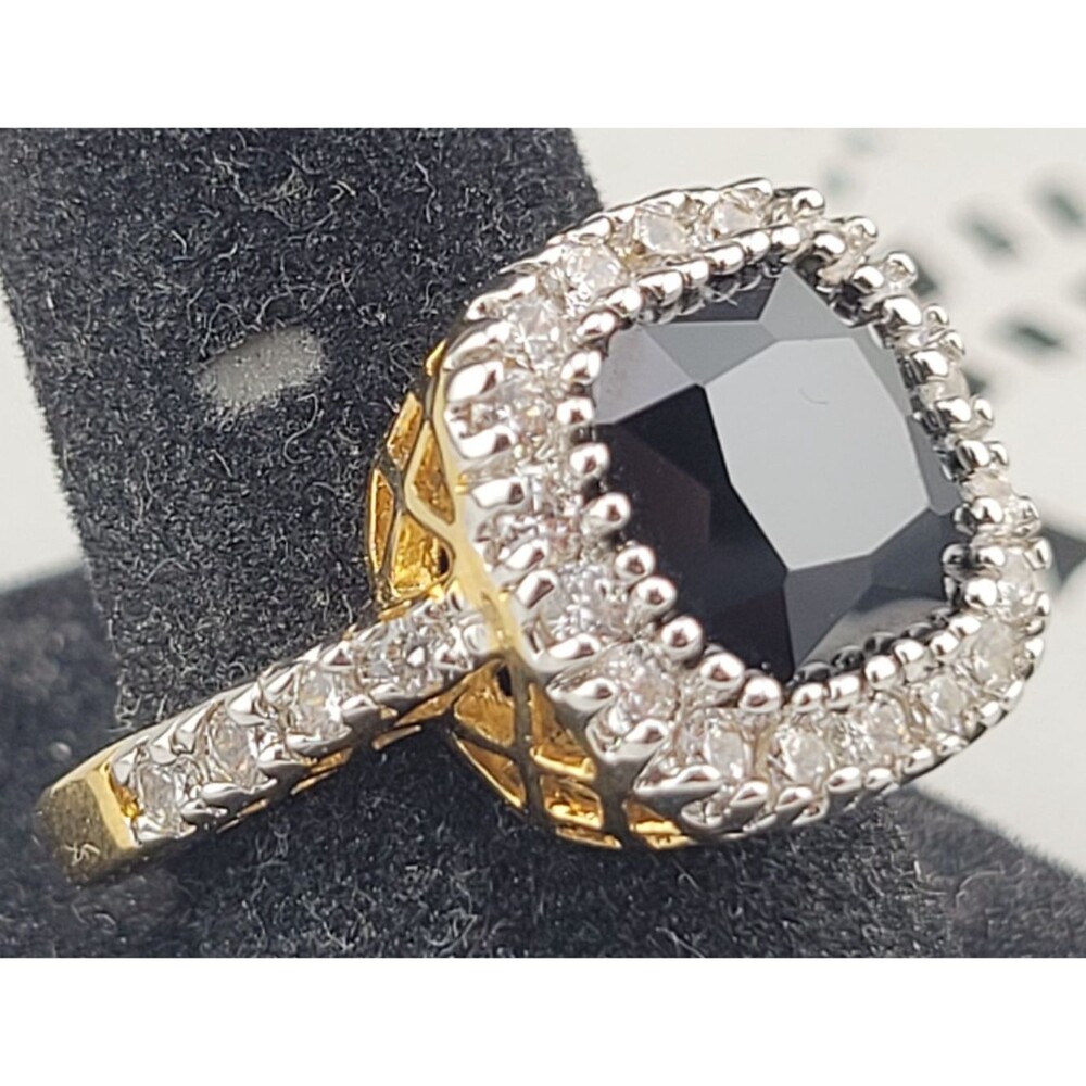 Signed GR Smokey Quartz ✨Solitaire CZ Halo Crystal Cocktail Ring Gold Plated sz8
